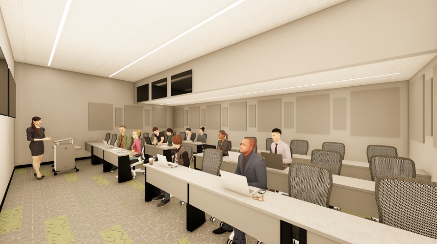 concept rendering of a classroom with people sitting at desks