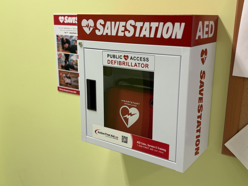One of the new 18 automated external defibrillators recently installed on the UPEI campus