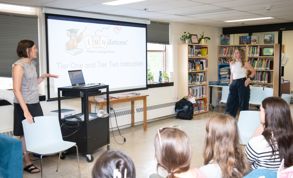 Sherwood Elementary School teachers Jennifer Spencer (left) and Amy Boswall (right) give a presentation to UPEI education students during a Lunch and Learn on June 19.
