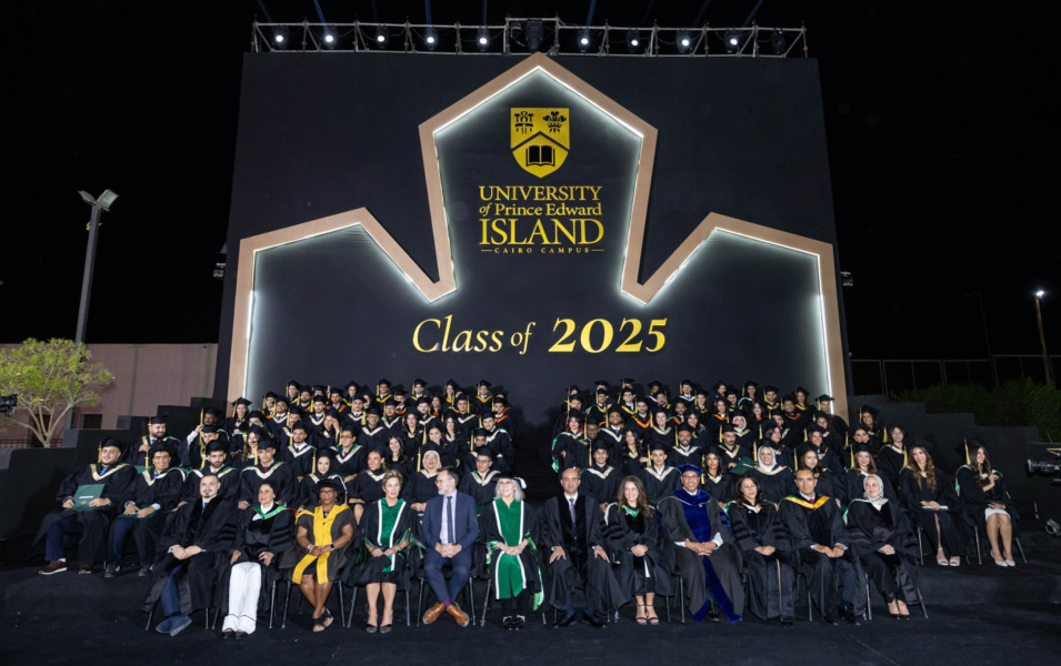 Stage party with the 2025 UPEI Cairo Campus graduates