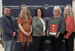 (Left to right): Robert Horne, president of the Special Olympics PEI board of directors; members of the UPEI Faculty of Nursing - Dr. Brianna Hughes, assistant professor; Dr. Patrice Drake, acting dean; Kathy Walsh, clinical nursing instructor; and Dr. Janet Loo, assistant professor.